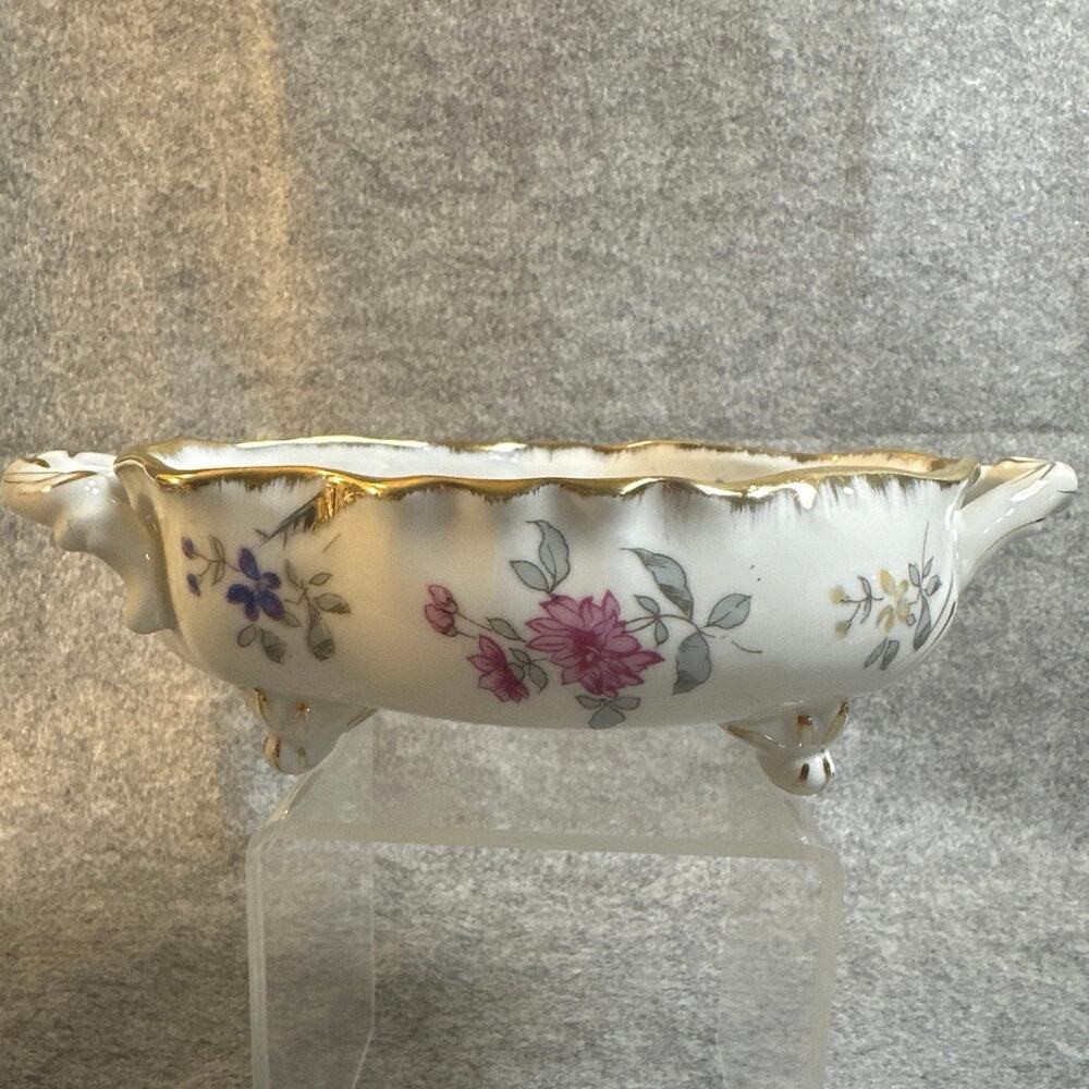 Vintage Andrea Sadek porcelain footed oval handled bowl floral design gold trim
